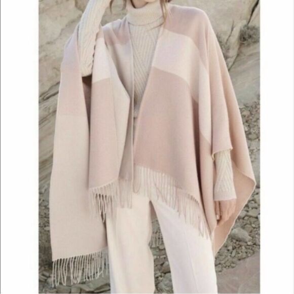 Soia & Kyo Mirel Woven Scarfigan Pink Beige Colorblock Fringe One Size Cozy Warm - Picture 2 of 13